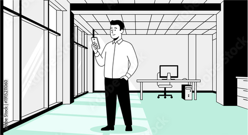 Man in office holding a smartphone, looking at screen with a smile