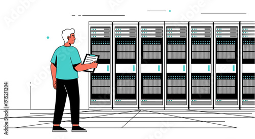 IT technician inspecting server racks with a tablet in a modern data center illustration