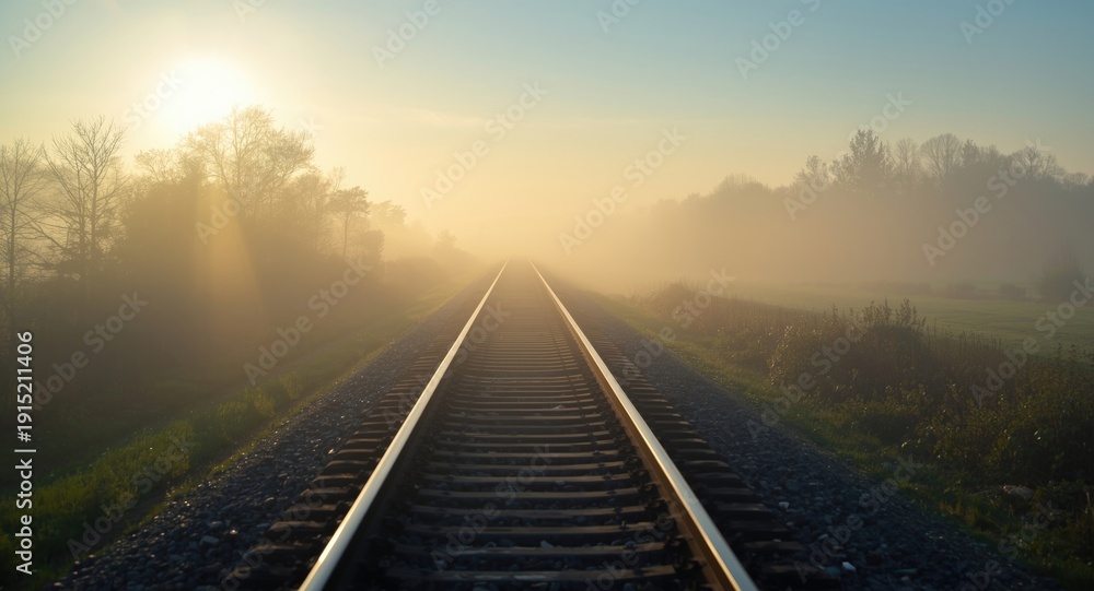 Obraz premium Sunlit train tracks fading into misty morning landscape