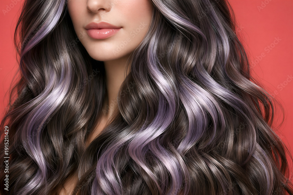 Naklejka premium Wavy Ash Brown Hair with Soft Lavender Highlights on Coral Studio Background
