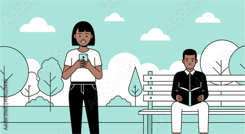 Diverse people enjoying leisure activities in a park with trees and clouds