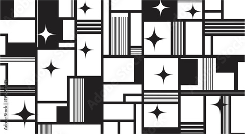 Abstract geometric pattern with stars and lines in black and white