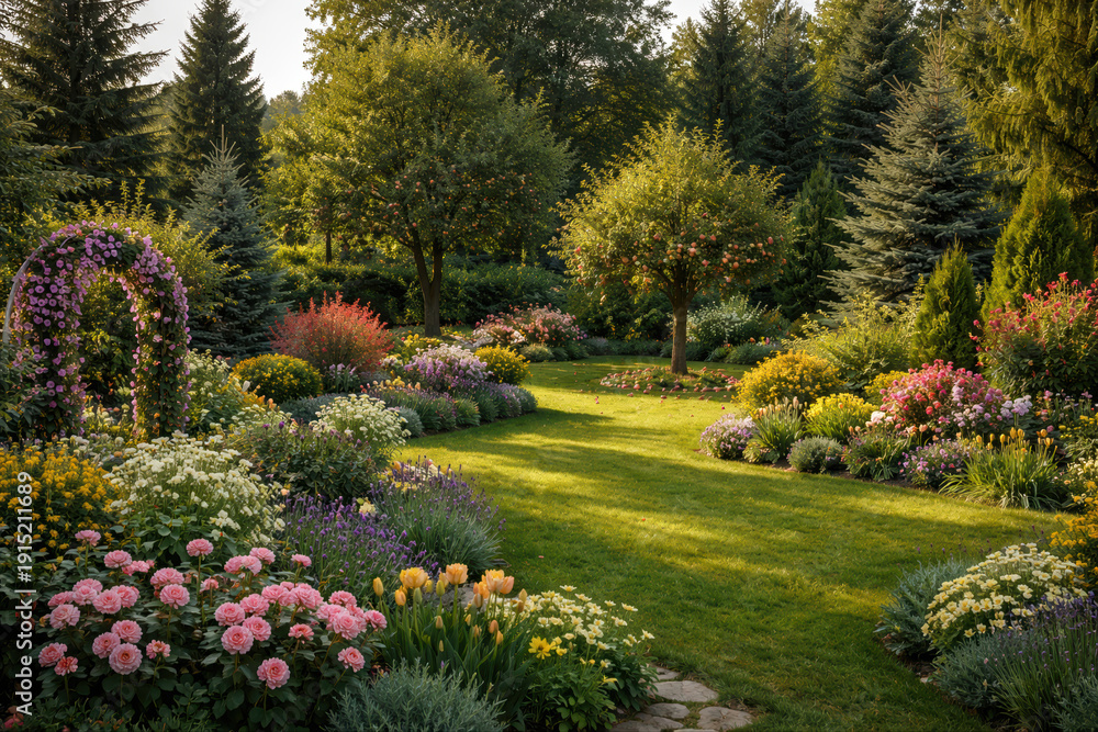 Obraz premium Beautiful landscaped garden with colorful flower beds, manicured lawn path, flowering arbor, and evergreen trees creating a peaceful backyard paradise in natural sunlight.
