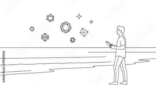 Man on beach holding tablet, watching geometric shapes float in the sky