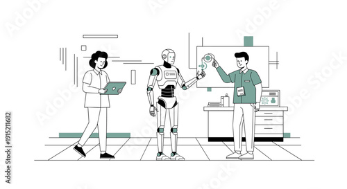 Team of engineers collaborating on advanced robotics and artificial intelligence development