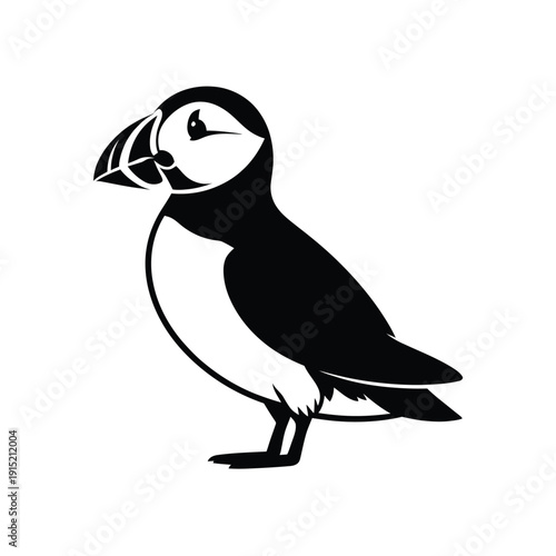 Stylized black and white illustration of an atlantic puffin bird