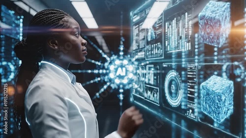 Woman interacting with digital interface in data center environment