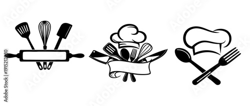 
Cooking and Chef Icons Set – Kitchen Utensils, Vegetables and Chef Hat Black Line Vector Illustration
