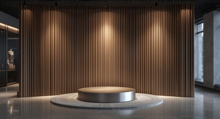 Virtual office backdrop with a metallic podium for modern beauty and fashion displays