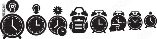 Collection of various clock and time icons in black