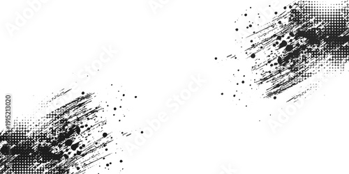 Black stain of paint brush with jagged edges isolated on white background. Hand drawn spot of paint, ink. Grunge dye splash. Copy space banner. Vector grain illustration for substrate, base, frame