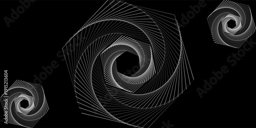 Abstract geometric banner. Swirling white lines on a black background. Whirl square, wave stripes, rotation movement, neon spiral image. Futuristic twist grid backdrop.