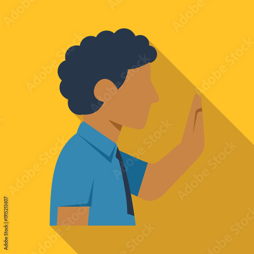 Man in profile raising hand in stop gesture, indicating refusal or warning