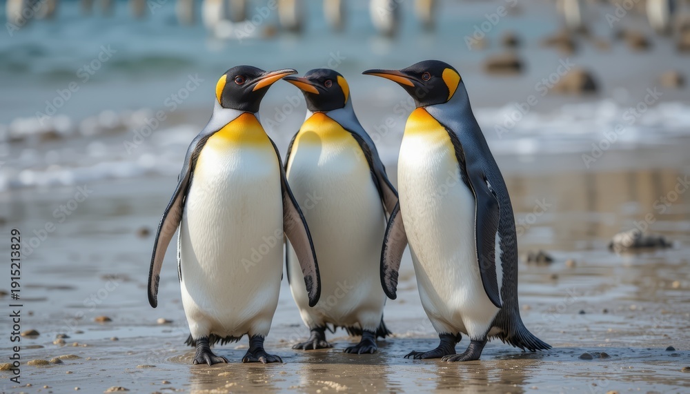 Obraz premium Trio of King Penguins Standing Together on a Sandy Beach
