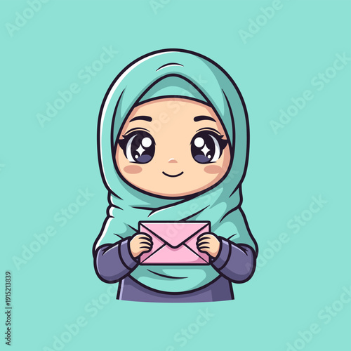 Cartoon Girl Wearing Hijab Holding Envelope.