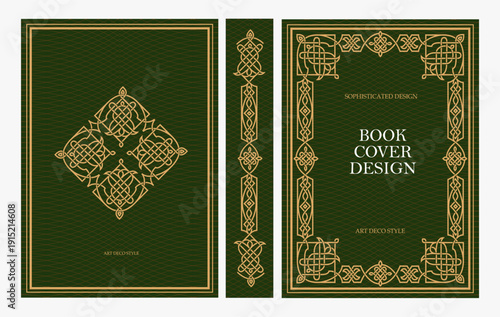 Classic vintage book cover and spine design with Art Deco, Baroque, Art Nouveau and Victorian ornaments. Elegant decorative frame, luxurious retro style for publications, posters and artistic layouts