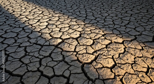 Fotografie Arid cracked earth surface with dramatic diagonal shadow cast by sunlight symbol