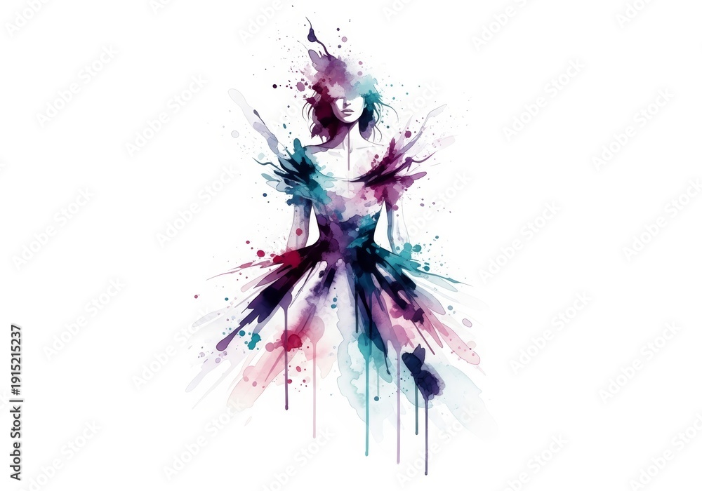 Obraz premium Woman in watercolor splash dress with abstract paint strokes, artistic fashion concept for creative design and modern illustration