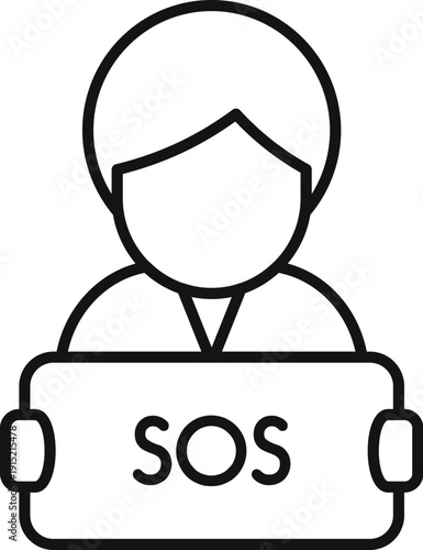 Outline icon of a person holding an sos sign representing an emergency request