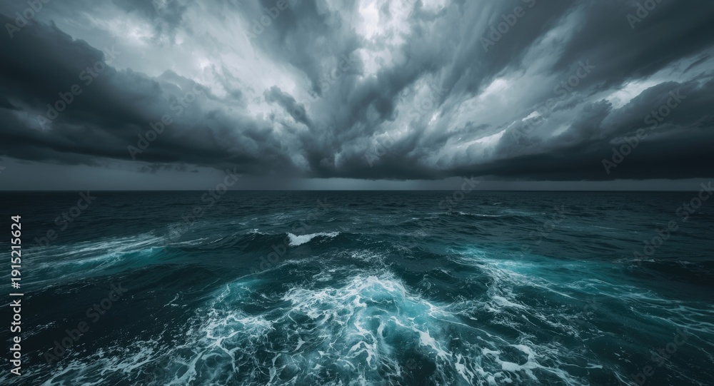 Obraz premium Ominous heavy clouds over a swelling sea under a steel gray sky from above