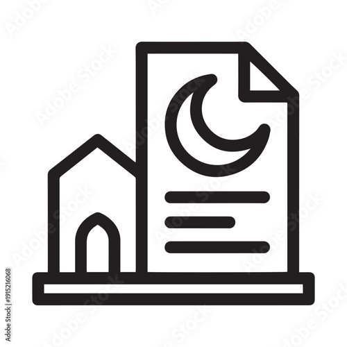 Islamic Prayer Schedule Icon with Mosque and Crescent Moon, Ramadan Kareem Timing Document, Minimalist Thin Line Vector Art on Transparent Background.