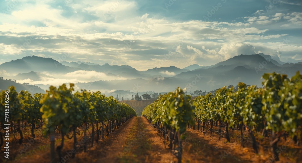 Fototapeta premium Artistic landscape watercolor of vineyard rows beneath cloudy mountain silhouettes