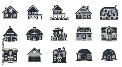 Collection of various house types and architectural styles in black and white silhouette icons.