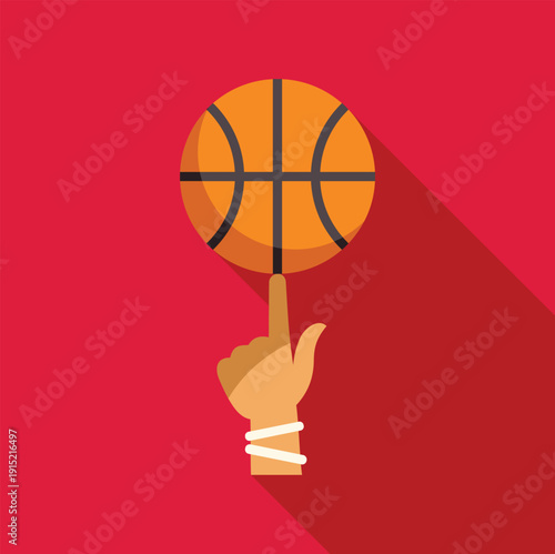 Hand balancing a basketball on a finger with a long shadow on a red background