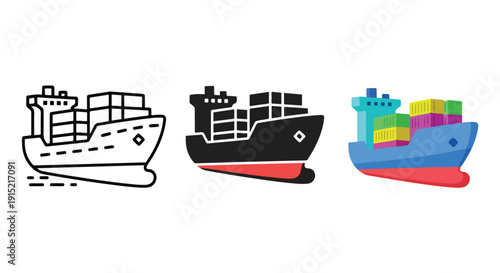 Cargo ship fleet vector icon set flat design - Clipart. Icon vector -  Icon collection - icon set - Line and glyph icon and logo template - Editable Icon