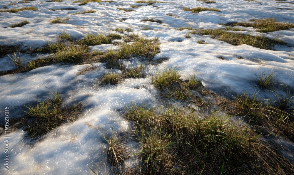 Obraz premium Front-facing texture of melting snow surface with irregular wet patches and exposed grass beneath