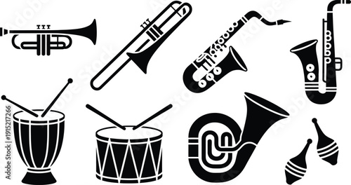 Collection of iconic musical instruments in black and white silhouette style