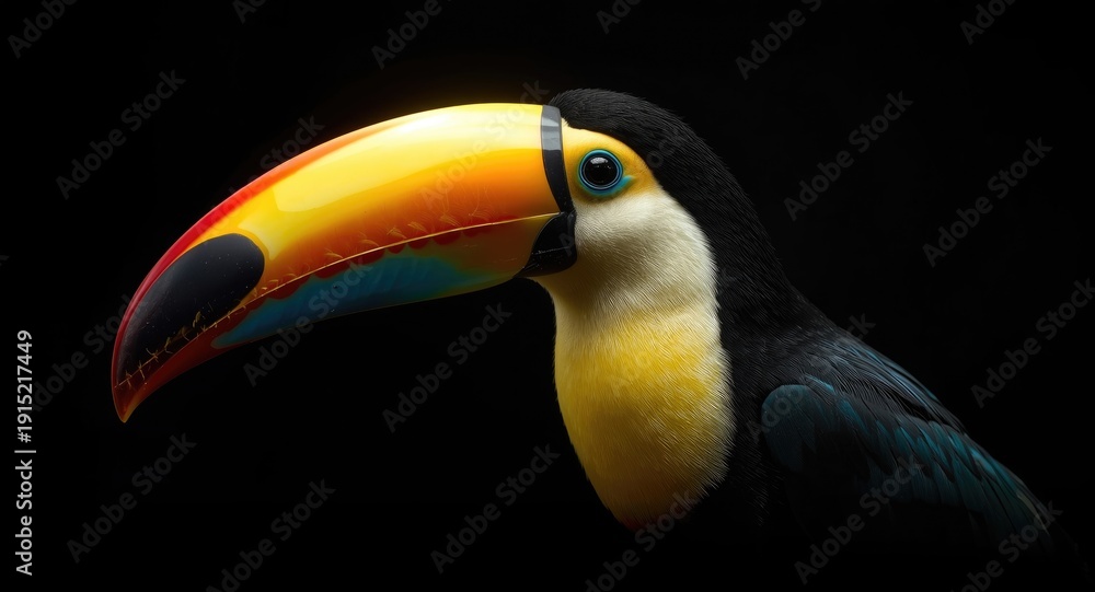 Obraz premium Detailed toucan bird portrait highlighting its large curved beak on a black background