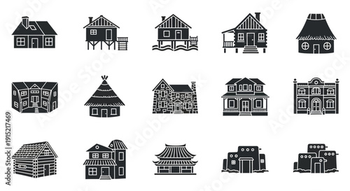 Collection of various house and building icons in black and white, showcasing different architectural styles and dwelling types.