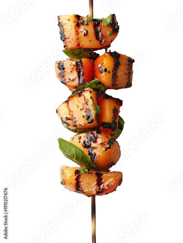 Grilled peach and fresh basil skewer with prominent char marks, perfectly isolated on transparent background