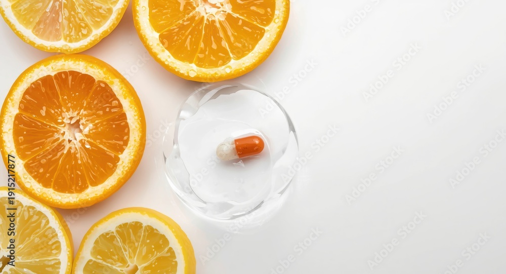 Fototapeta premium Vitamin C pill dissolving near fresh citrus slices with copy space for text