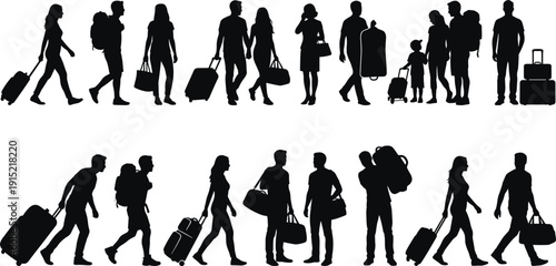 Travelers Silhouettes Collection, Men Women and Family Walking with Luggage Suitcases, Isolated Black Travel Figures Set