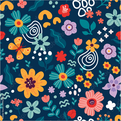 Vibrant abstract floral pattern with colorful stylized blooms, leaves, and organic shapes on a dark blue background, perfect for playful textile designs, digital art, or lively decorative surfaces