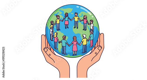 Illustration of hands cradling a colorful globe with diverse people standing on it against a clean white background.