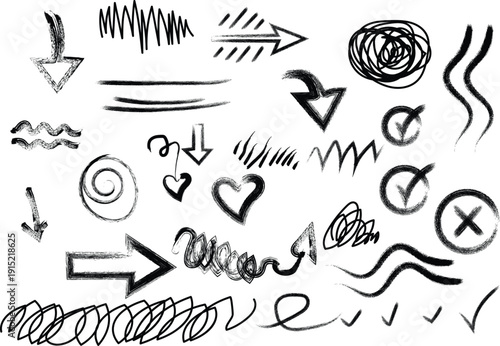 Hand drawn doodle arrows and shapes on white background