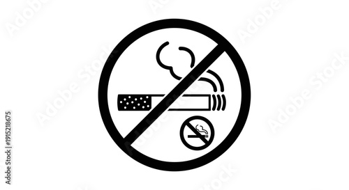 Black and white no smoking sign with a cigarette and smoke crossed out, indicating a prohibited area.