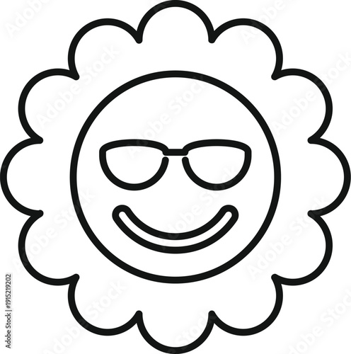 Stylized sun smiling while wearing sunglasses, representing summer, happiness, and coolness