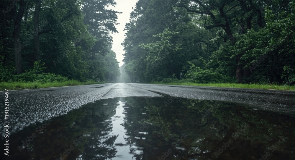 Fototapeta premium Puddles on wet asphalt road in forest captured on a rainy summer day panorama