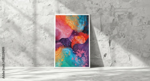 Vivid abstract composition in A3 poster mockup on textured backdrop enhanced with gentle light and shadow contrasts