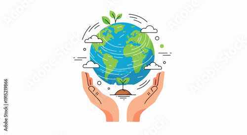 Illustration of two hands cradling the Earth with green leaves and bubbles on a white background.