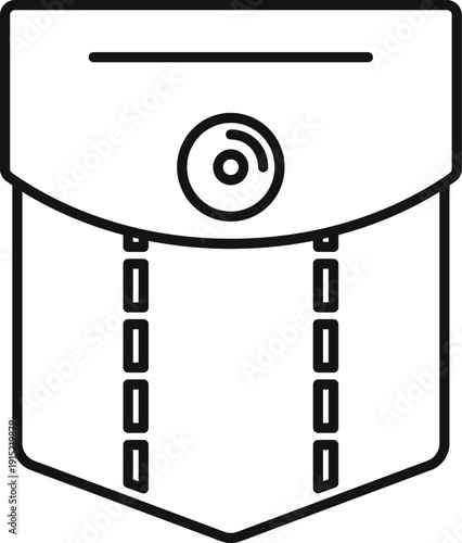 Clothes patch pocket with flap and button, black outline drawing