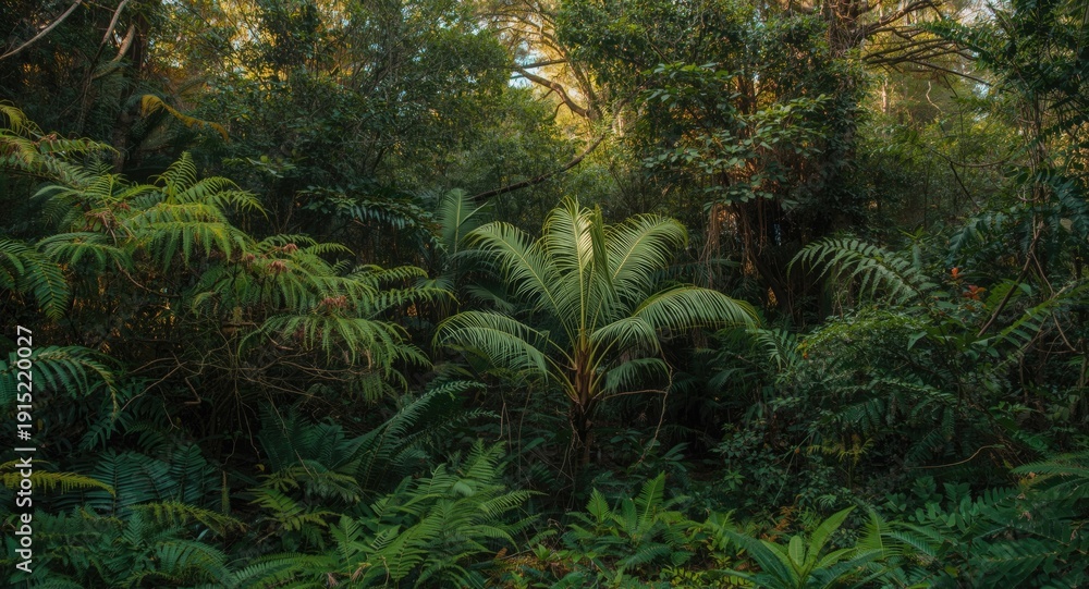Fototapeta premium Natural dense forest rich with a variety of tropical fern trees