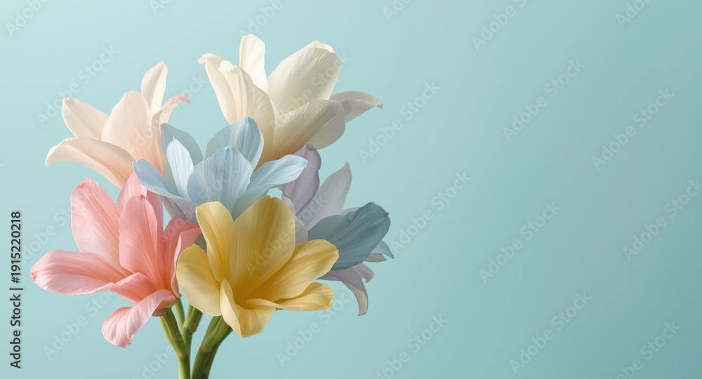 Fototapeta premium Sharp focus on freesia flowers in a spectrum of colors against light cyan background