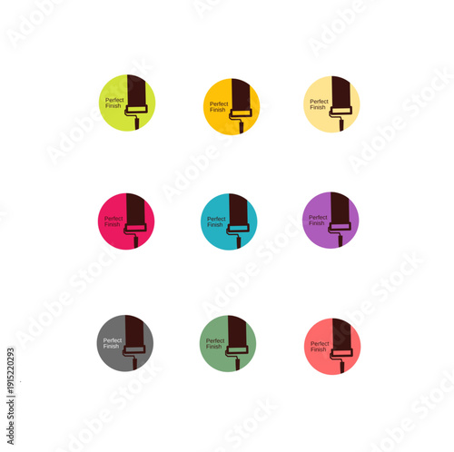 Set of nine "Perfect Finish" paint roller icons. Colorful circular badges featuring a paint roller stroke, ideal for home renovation and DIY branding.