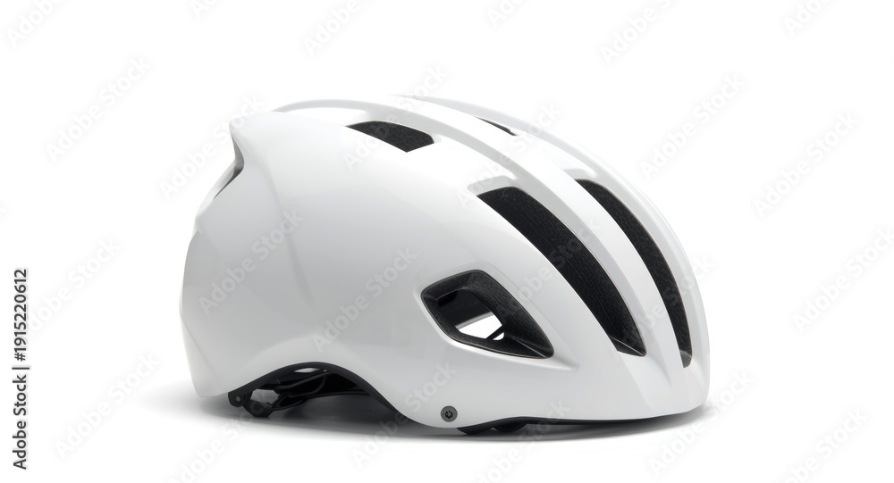 Fototapeta premium Detailed angled image of a white bicycle helmet on a pure white background