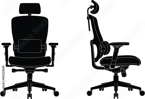 Black Vector Silhouettes of Modern Ergonomic Office Chair with Headrest and Armrests from Front and Side View for Workplace Furniture and Interior Design Projects